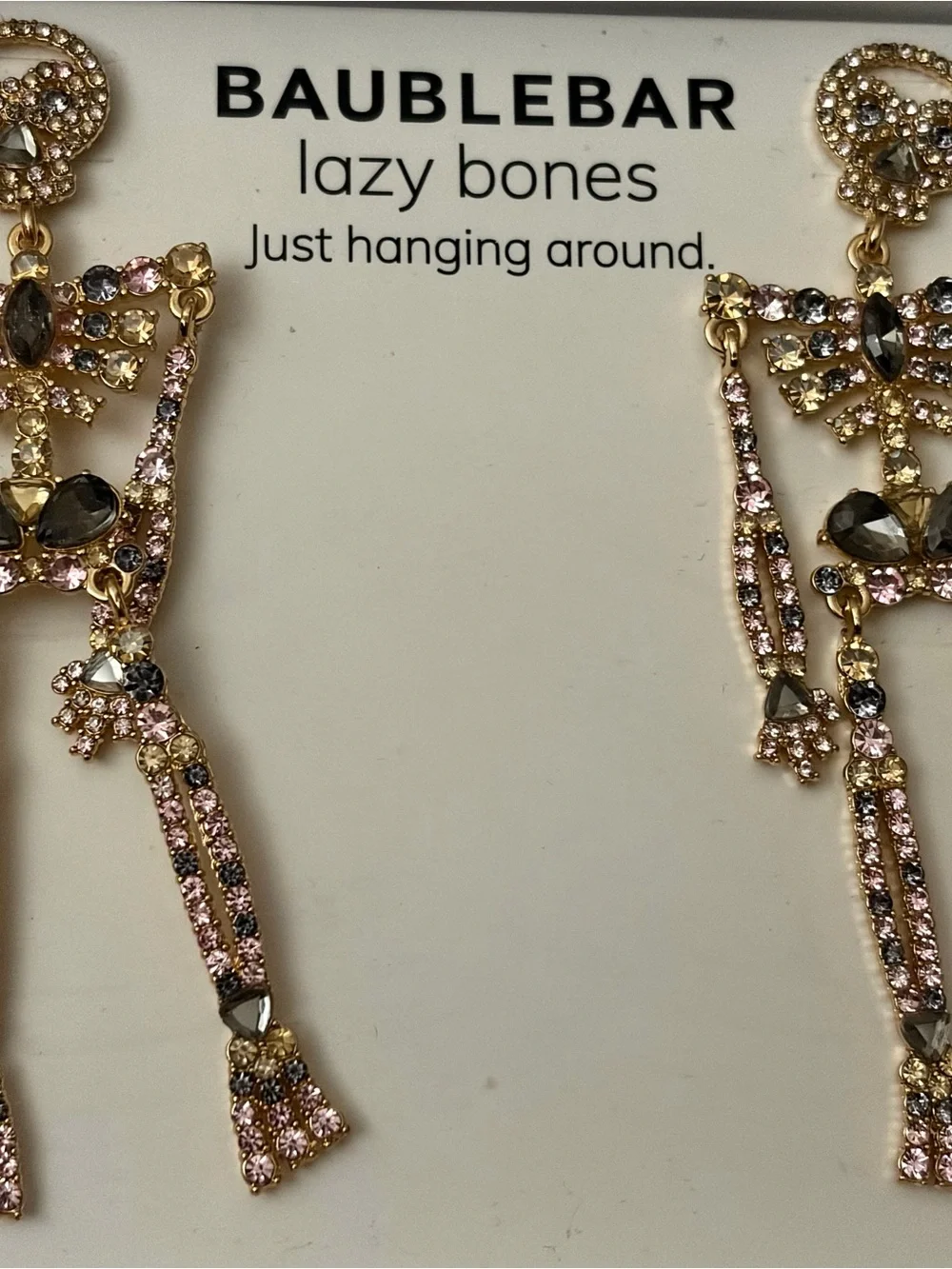 BaubleBar Gold-Tone Pink and Smoke Crystal Skeleton Drop Earrings